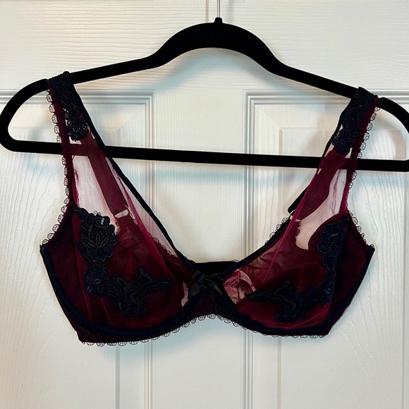 Agent Provocateur 'Lianne' burgundy mesh/black floral embroidered Bra 34E - Picture 1 of 7